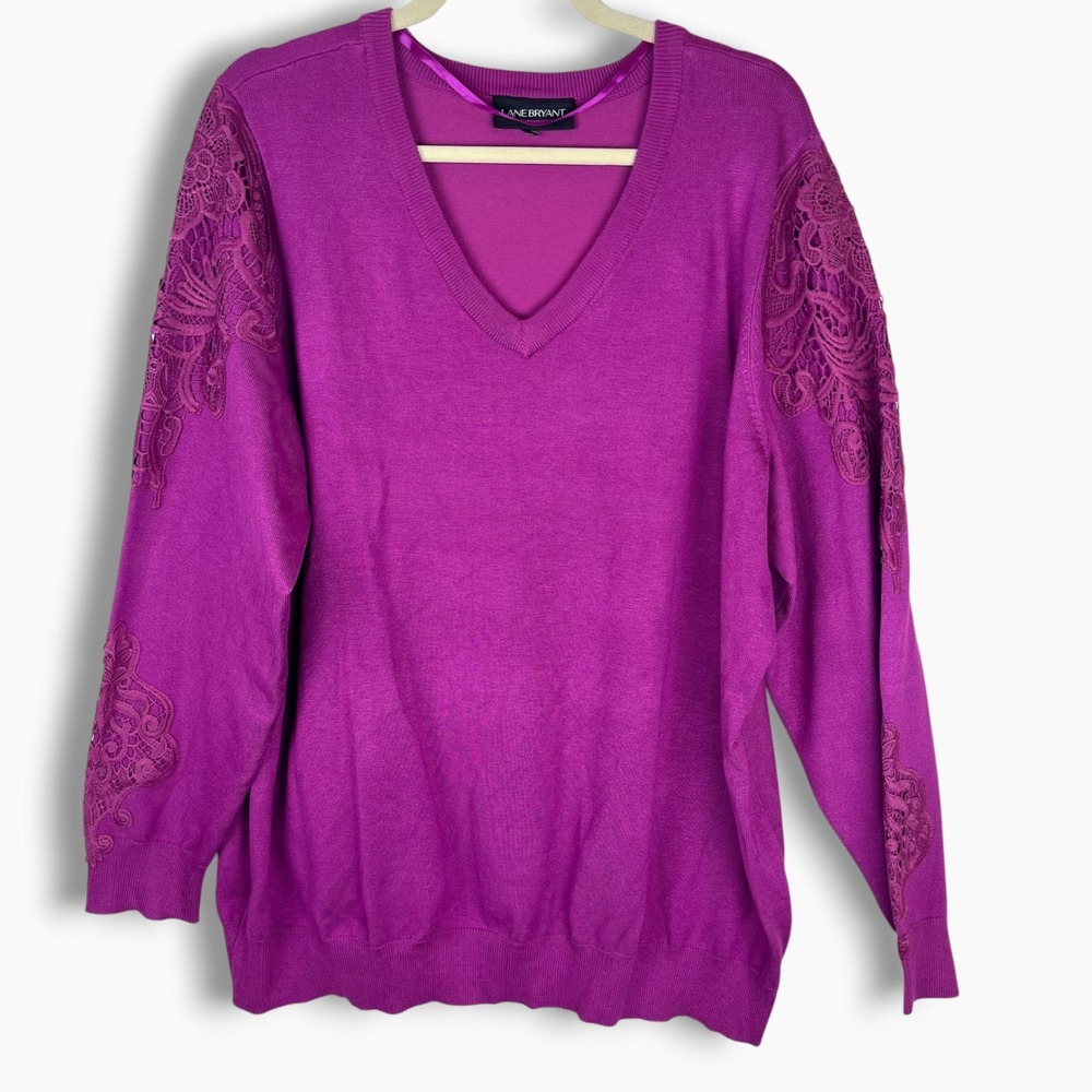 Lane Bryant Womens 2X Magenta Purple Lace Crochet Shoulder V-Neck Knit Sweater